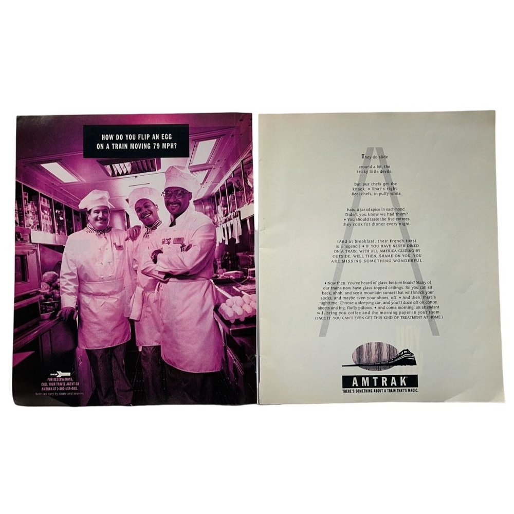 Amtrak Train Print Ad Vintage 1994 Travel Chef Cooks in Kitchen Rail Fan 2 Page